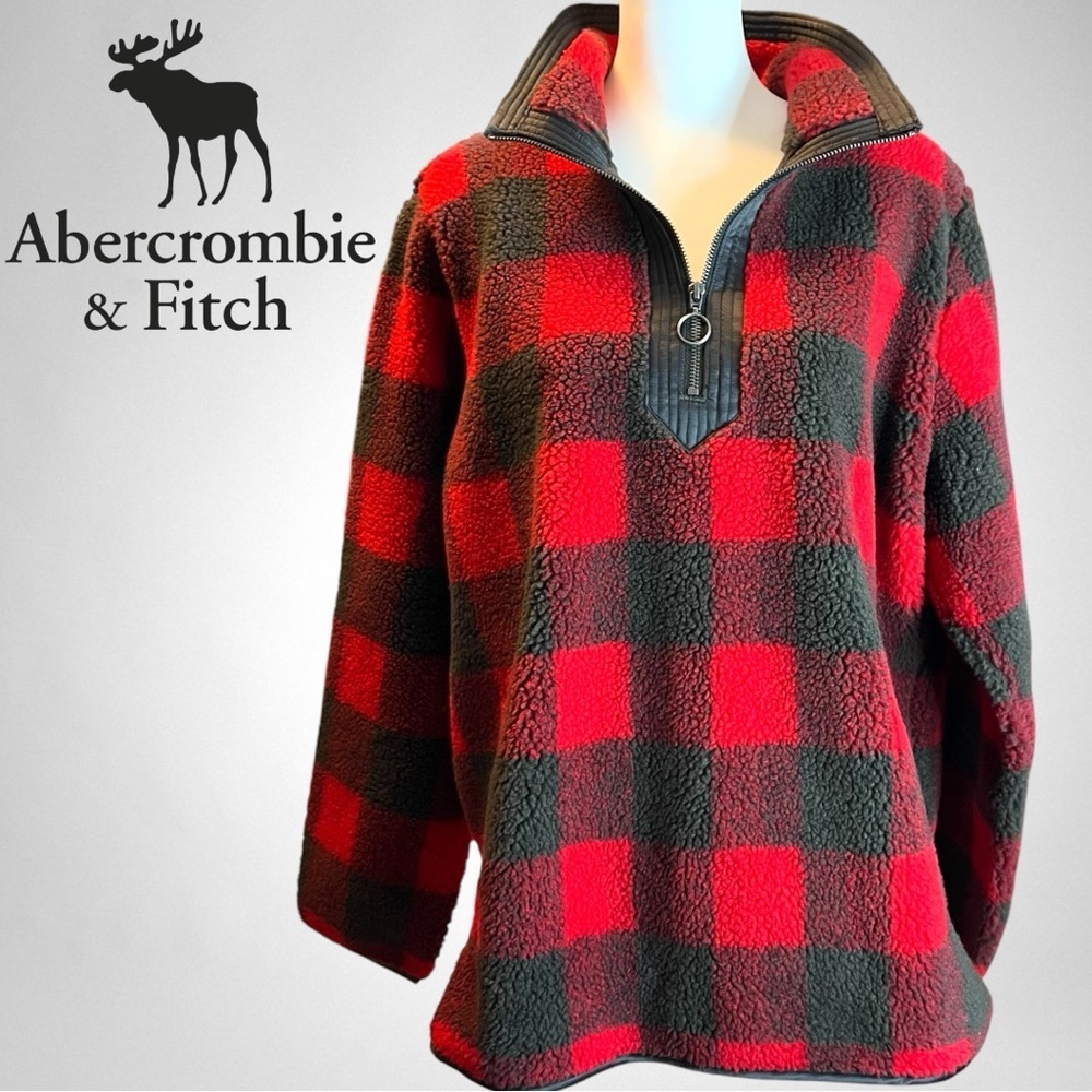 Abercrombie & Fitch Red/Black Buffalo Checkered Sherpa Fleece Pullover Size XL